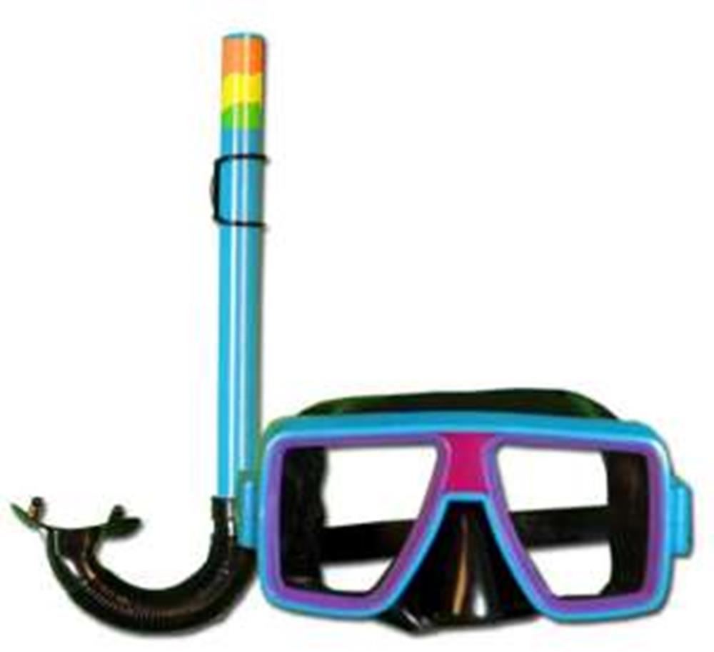 Black snorkel mask with blue and purple frame and blue snorkel tube topped with yellow, orange, and green sections.