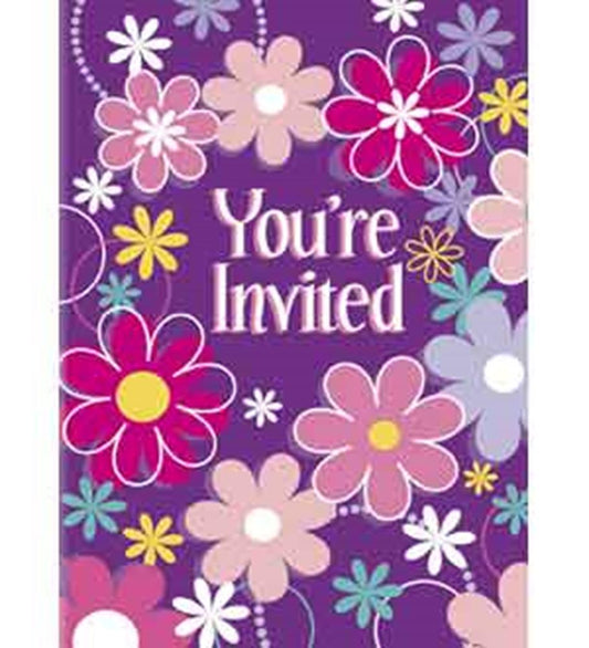 Purple birthday invitation card with colorful pink, white, and yellow floral designs and white "You're Invited" text.