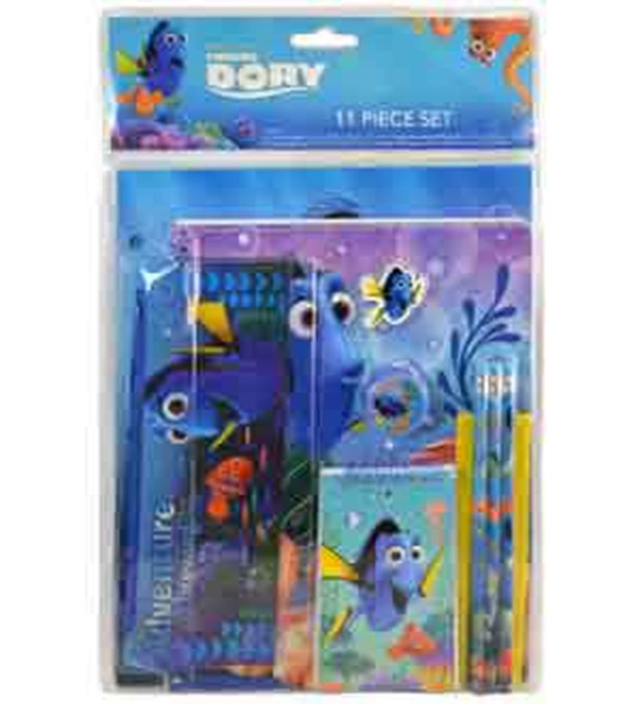 Disney Finding Dory 11-piece party set with blue-themed plates, cups, napkins, and yellow-striped straws, featuring animated
