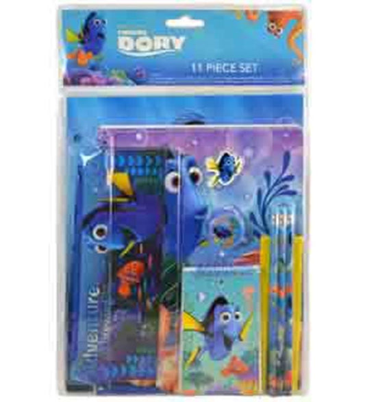 Disney Finding Dory 11-piece party set with blue-themed plates, cups, napkins, and yellow-striped straws, featuring animated