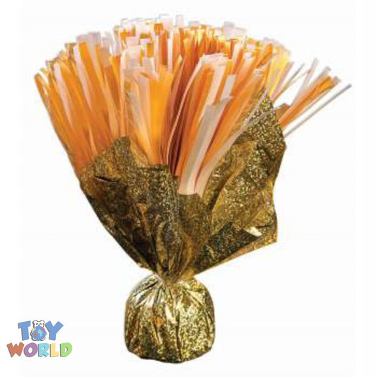 Gold foil-wrapped balloon weight with white and gold metallic pom-pom fringe topper.