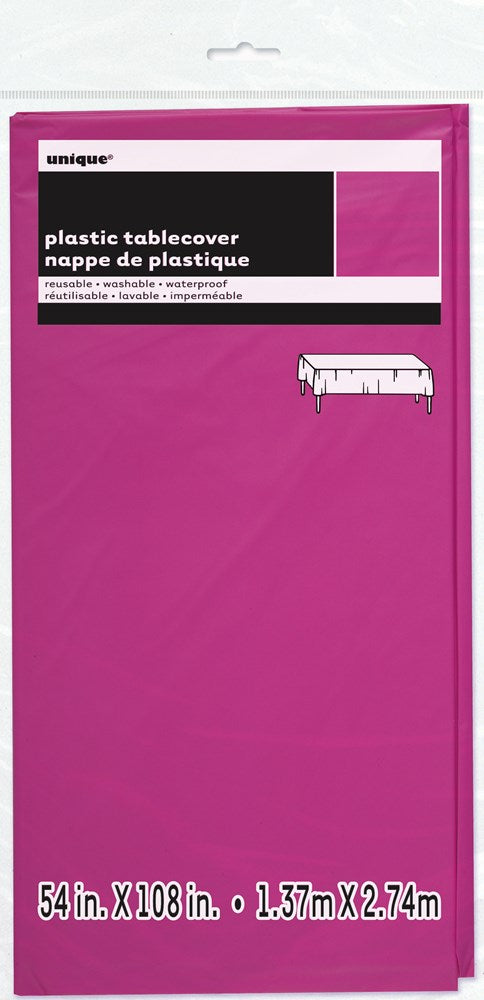 Bright neon pink rectangular plastic tablecover, 54 by 108 inches, smooth finish.