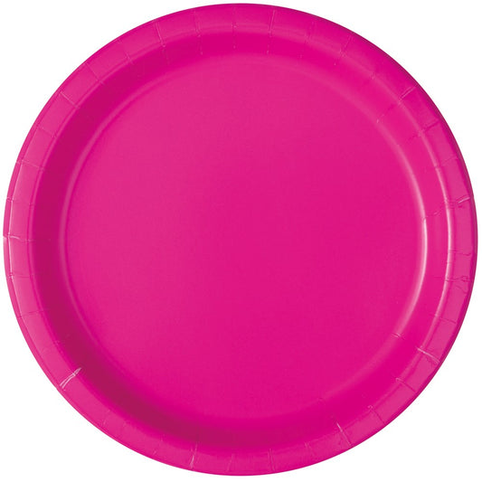 Round neon pink disposable paper plate with slightly raised edges, 16-count pack.