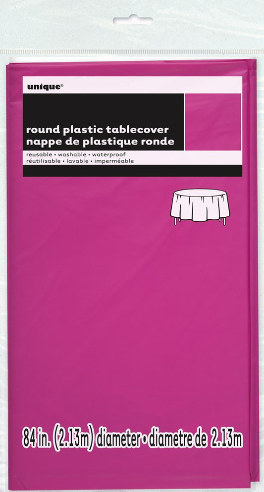 Bright neon pink round plastic tablecover with 84-inch diameter in sealed packaging.