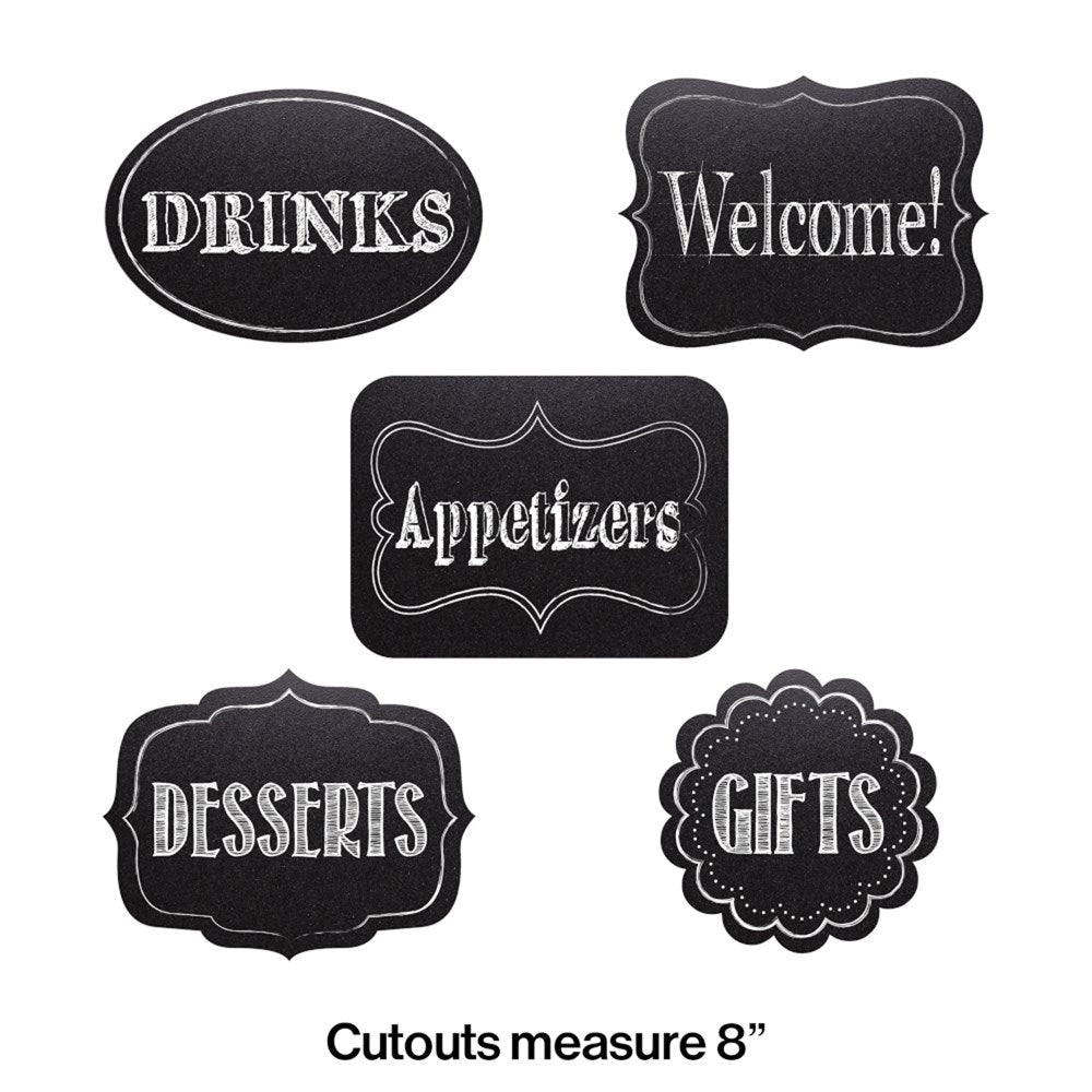 Set of five black chalkboard cutouts with white vintage-style lettering labeled Drinks, Welcome!, Appetizers, Desserts, and.