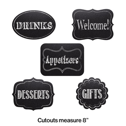 Set of five black chalkboard cutouts with white vintage-style lettering labeled Drinks, Welcome!, Appetizers, Desserts, and.