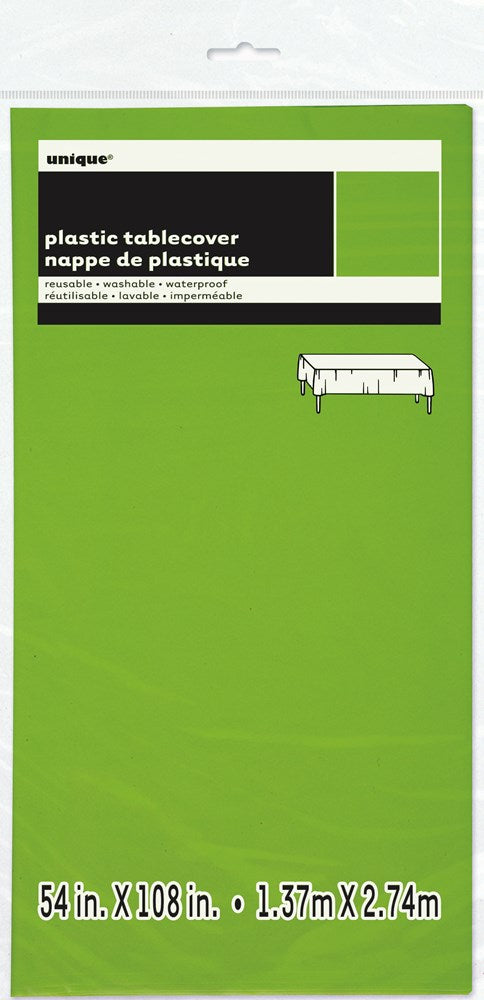 Neon green rectangular plastic tablecover measuring 54 by 108 inches with smooth texture.