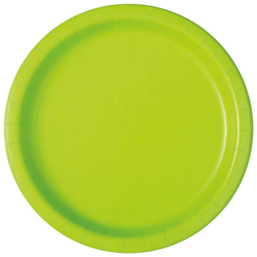 Round neon green disposable paper plate with a slightly raised rim.