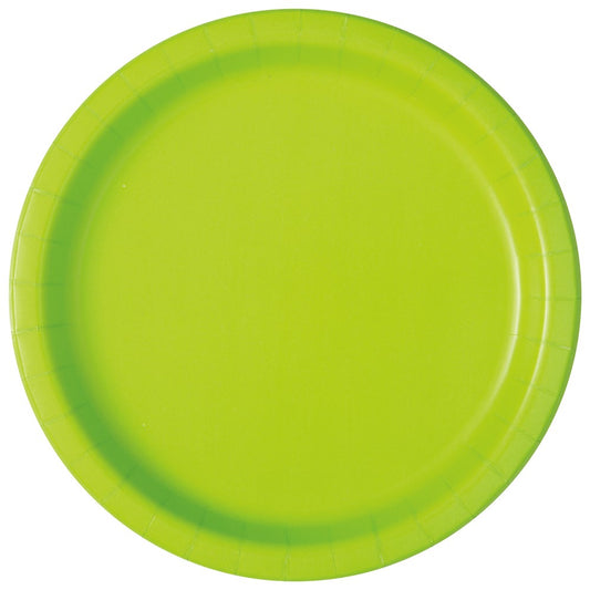 Round neon green disposable paper plate with a slightly raised rim.