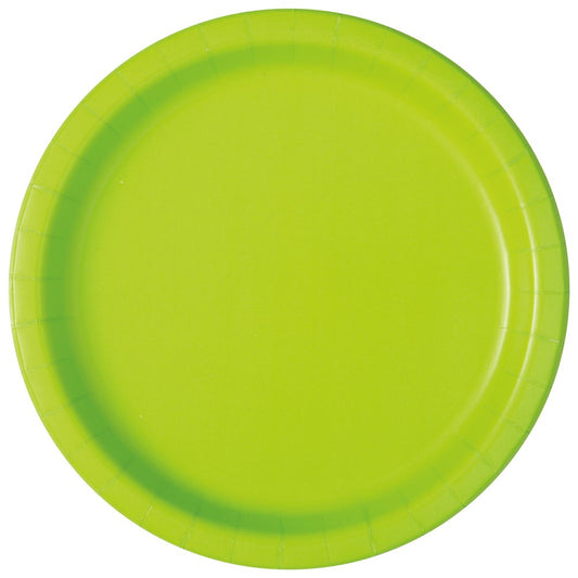 Round neon green disposable plate with slightly raised edges, smooth surface.
