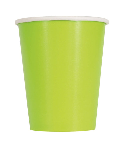 Neon green 9oz disposable paper cup with white rim, smooth surface, tapered shape.