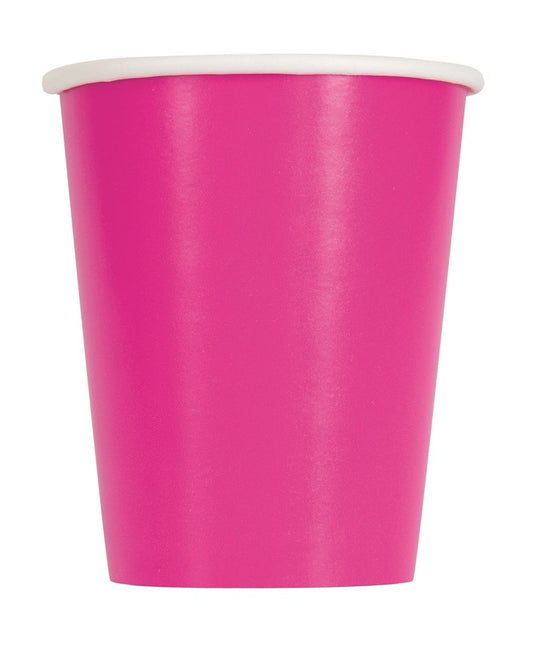 Neon pink disposable paper cup with white rim, 9oz capacity, smooth finish.