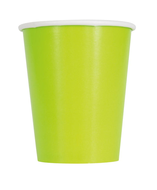 Neon green disposable paper cup with white rim, 9oz capacity, smooth matte finish.