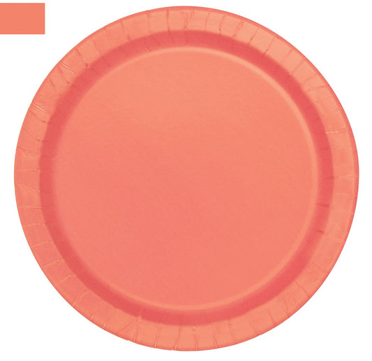 Coral-colored small round paper plate with a slightly raised fluted edge.