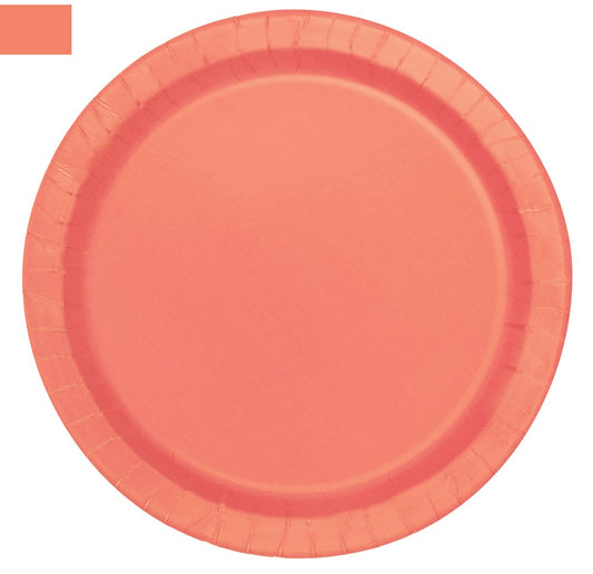 Large coral-colored round paper plate with a slightly raised, textured rim.