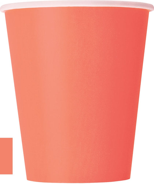 Coral-colored 9oz disposable paper cup with smooth matte finish.