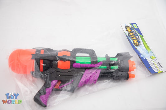Colorful plastic water blaster with orange, black, green, and purple parts designed as a party toy.
