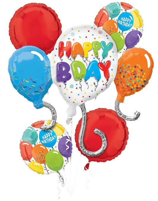 Colorful balloon bouquet with red, blue, orange, and multicolored balloons, including a large white "Happy BDay" balloon and
