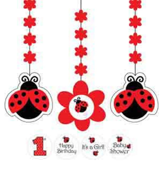 Red and black ladybug and flower hanging cutouts with birthday and baby shower messages.