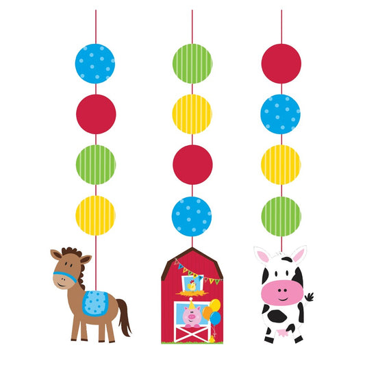 Set of three colorful hanging cutouts with polka dot circles and farm-themed figures including a brown horse, red barn, and.