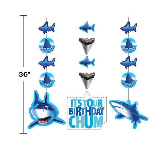 Blue shark and ocean-themed hanging cutouts with fish, waves, and birthday message, 36 inches tall.