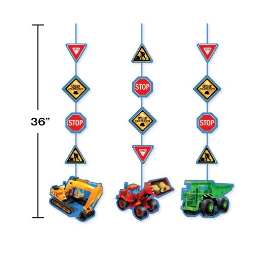 Set of three 36-inch hanging construction-themed cutouts with excavator, dump truck, and tractor designs.
