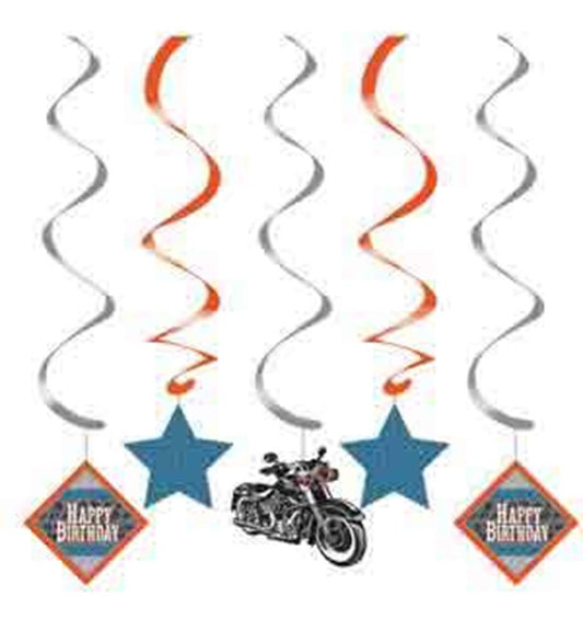 Set of five hanging spiral danglers with black motorcycle, blue stars, and diamond-shaped Happy Birthday signs in orange and