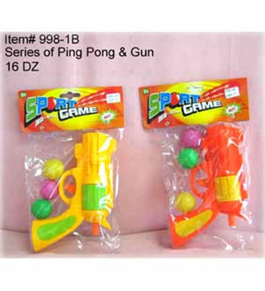 Plastic ping pong gun sets in yellow and orange, each with three colorful ping pong balls in green, pink, and yellow.