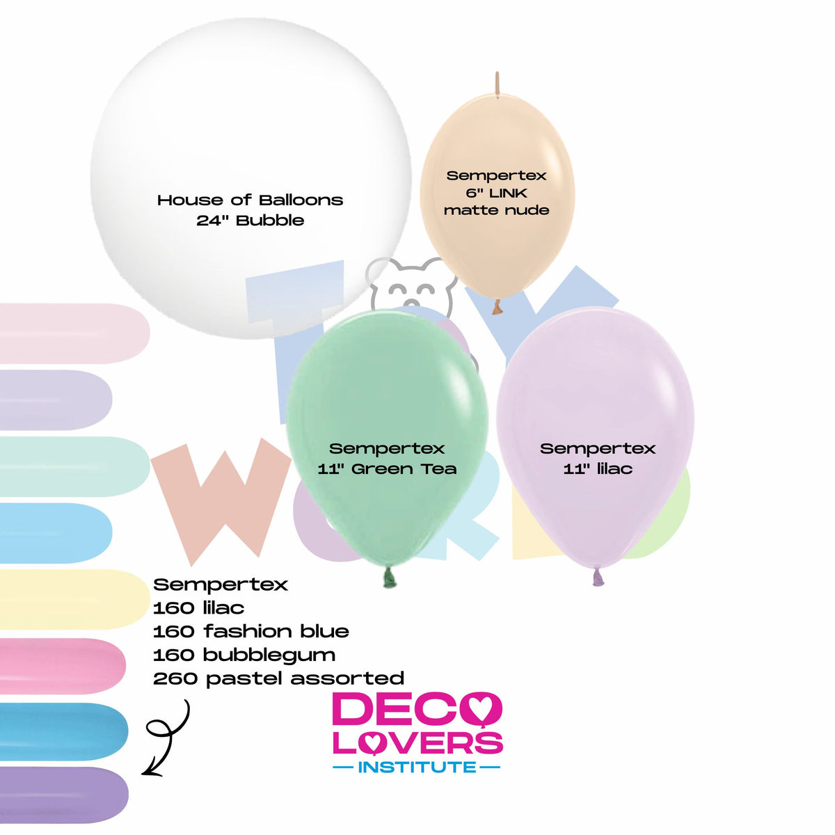 Set of five latex balloons in white, peach, green, pink, and lavender, each with size and type labels.