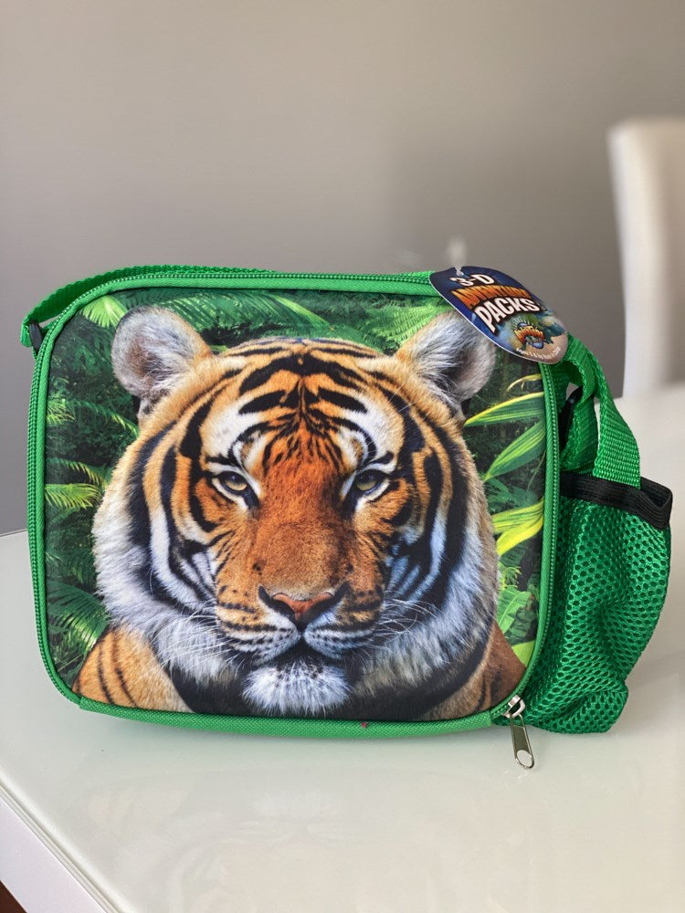 Green 8-inch lunch bag with a realistic tiger face print and mesh side pocket.