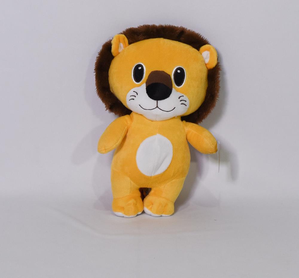 Yellow plush lion with dark brown mane, round black eyes, white belly patch, and sitting posture.