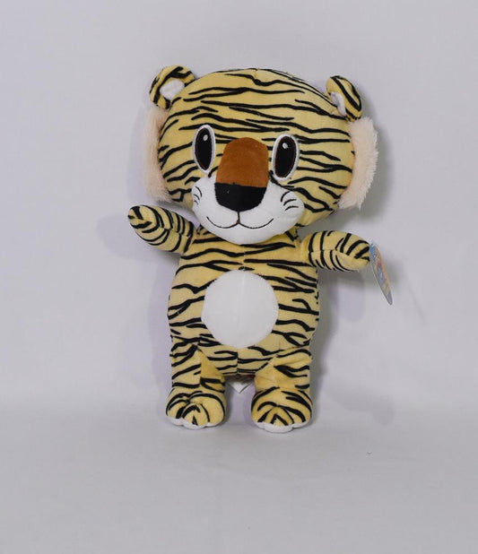 Small plush tiger with orange and black stripes, white belly and snout, and embroidered facial features.