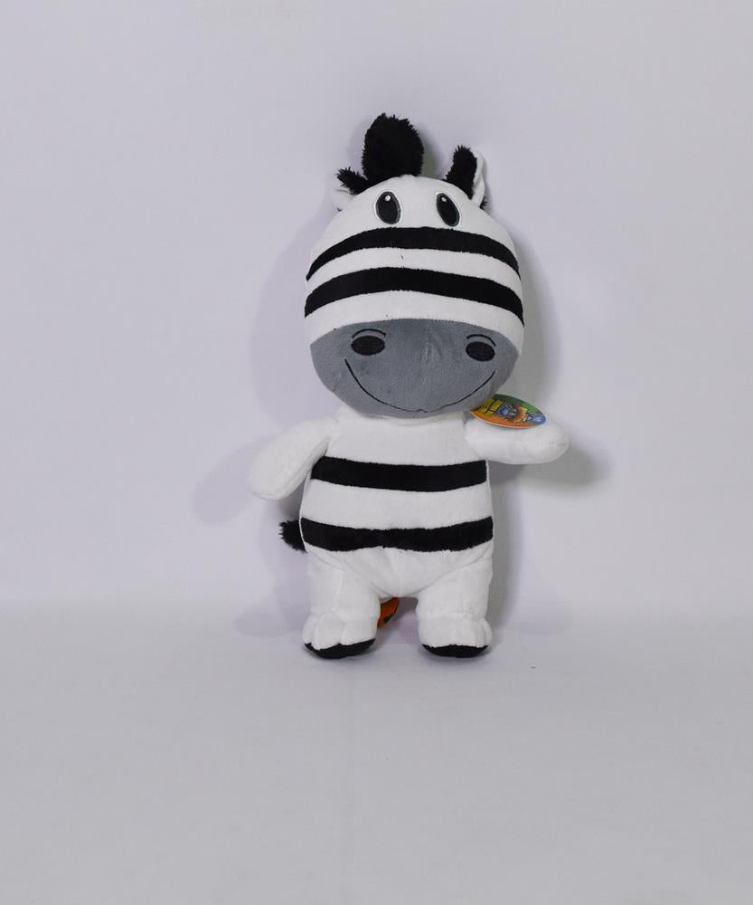 Plush zebra toy with black and white stripes, soft fabric, and embroidered eyes, 11 inches tall.