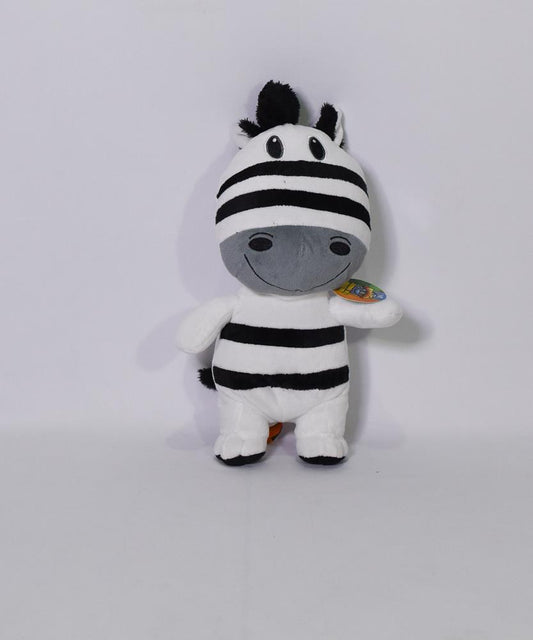 Plush zebra toy with black and white stripes, soft fabric, and embroidered eyes, 11 inches tall.