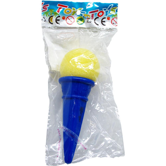 Blue plastic cone-shaped launcher with a yellow foam ball on top, packaged in clear plastic.