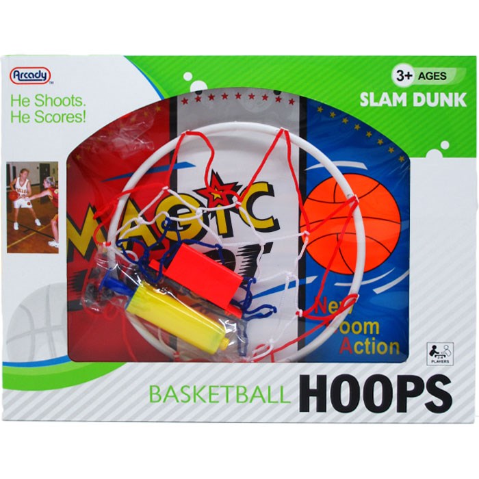 Mini basketball hoop set with orange net, red backboard, and small orange ball in window box packaging.