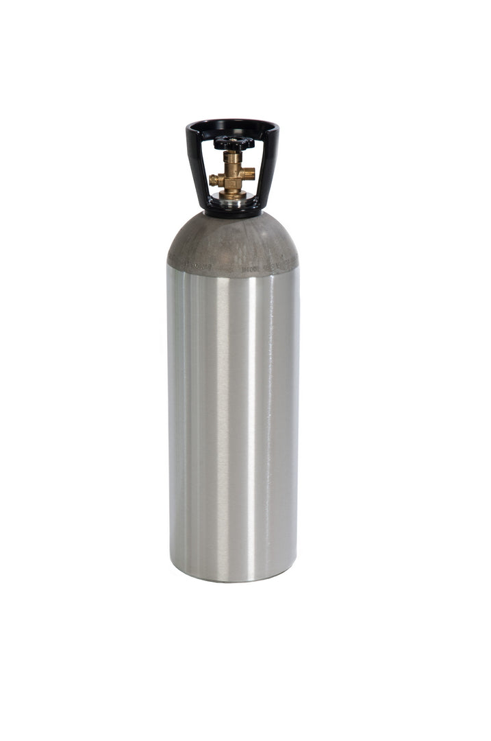 Silver metal helium tank with black valve handle and nozzle isolated on white background.