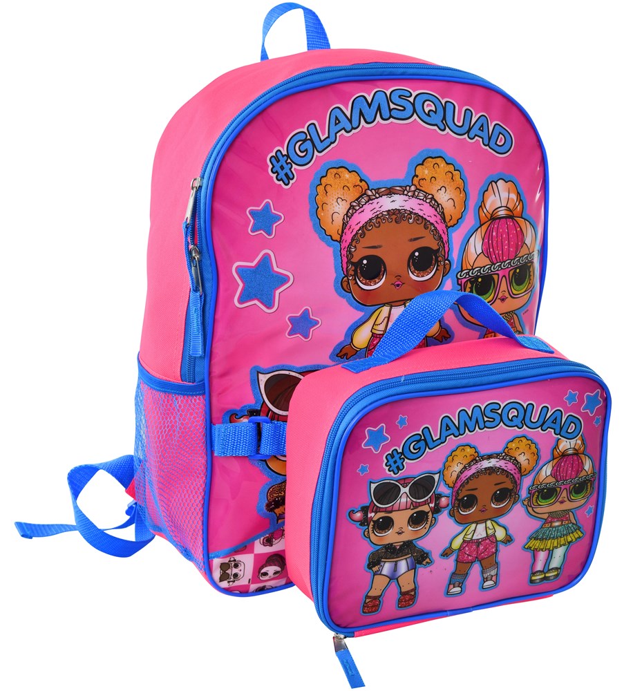 Pink and blue 16in backpack with matching lunch bag featuring colorful cartoon doll characters and #GLAMSQUAD text.