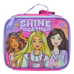 Pink and purple rectangular lunch bag featuring three Barbie characters with "Shine Together" text and star accents.