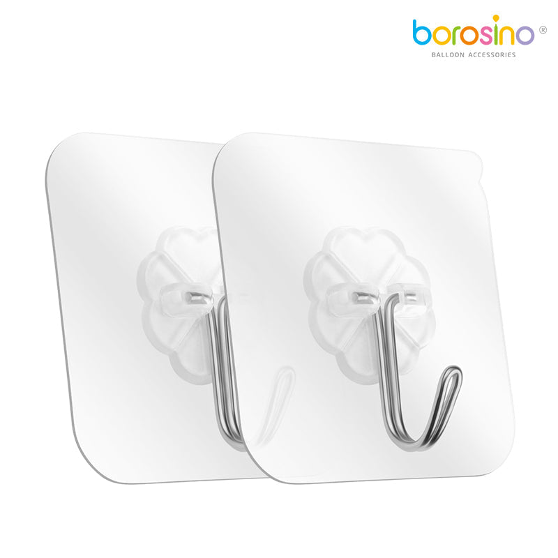 Transparent square adhesive wall hooks with curved silver metal hooks, rounded corners.