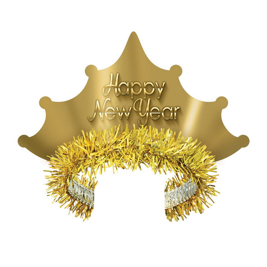 Gold plastic tiara with "Happy New Year" text and gold tinsel trim at base.