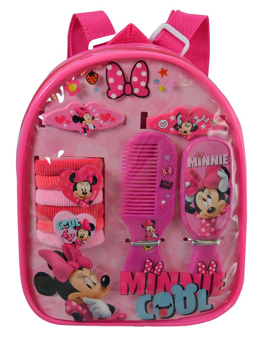 Pink clear backpack with Minnie Mouse hair accessories including bows, clips, and hair ties.
