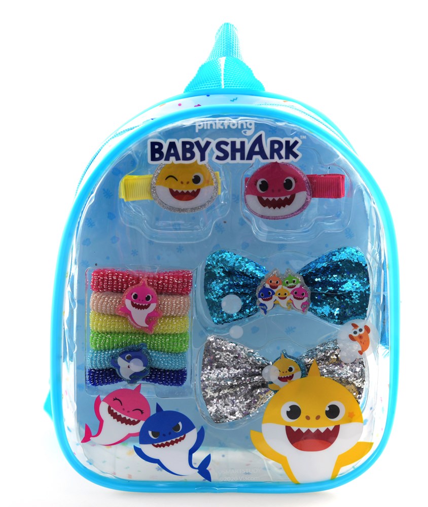 Blue plastic Baby Shark-themed backpack with colorful hair accessories and glittery bows inside.