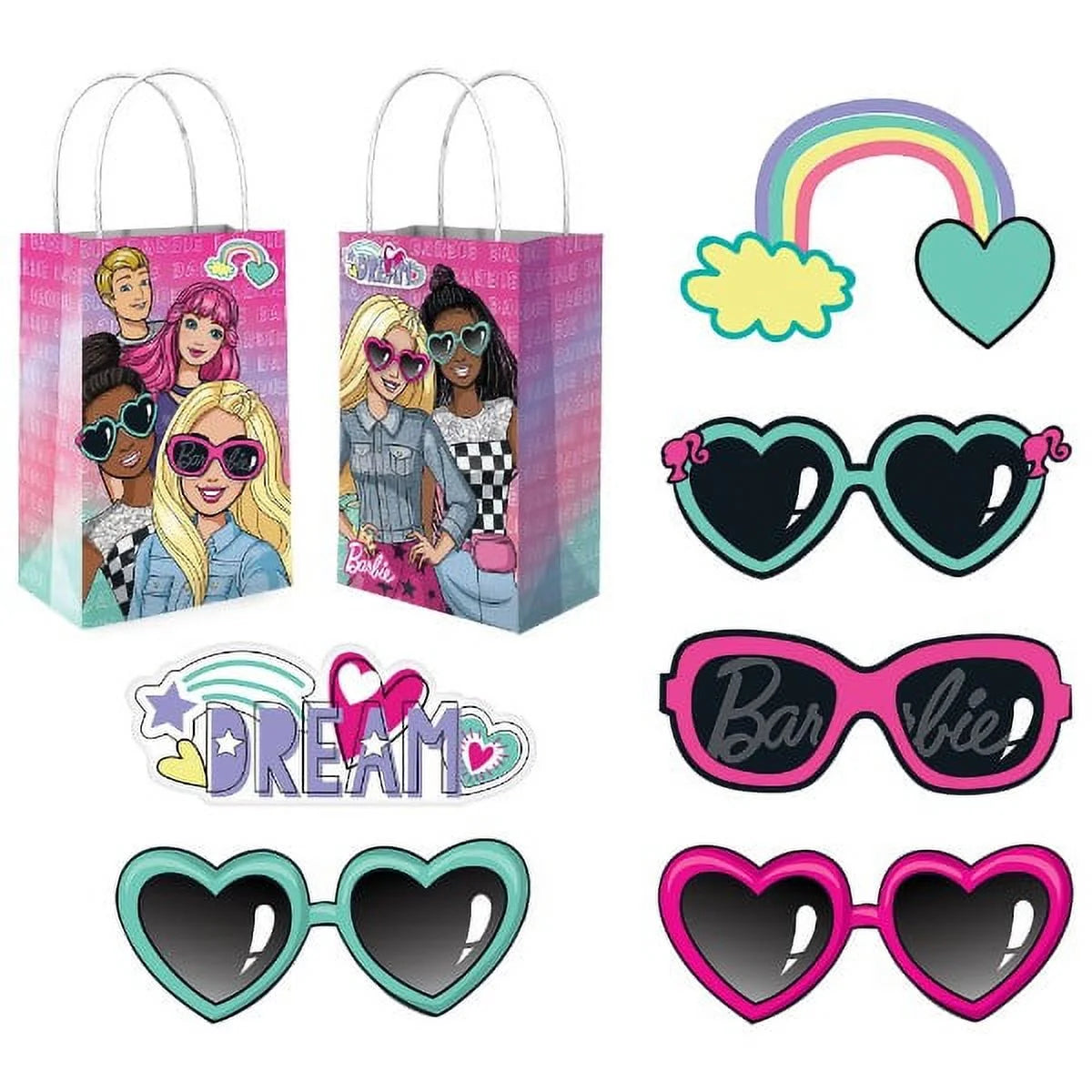 Two pink Barbie-themed gift bags with illustrated girls, paired with six colorful craft stickers including rainbows, hearts,