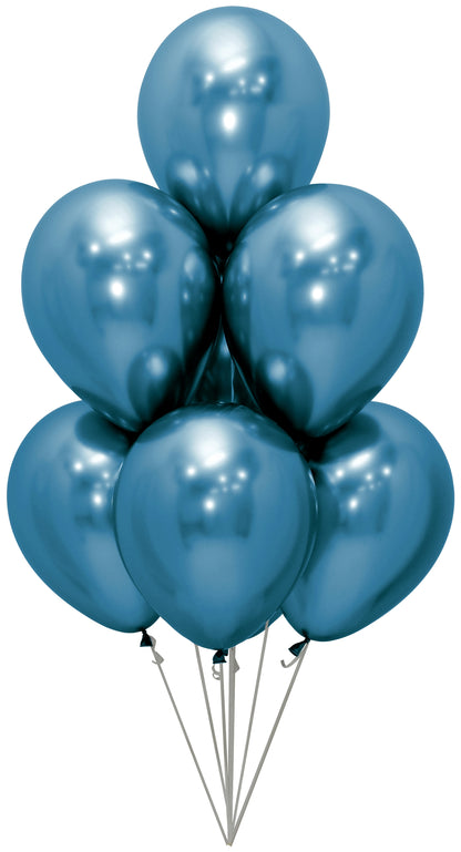 Cluster of seven solid chrome latex balloons in metallic blue, shiny and round, tied with white strings.