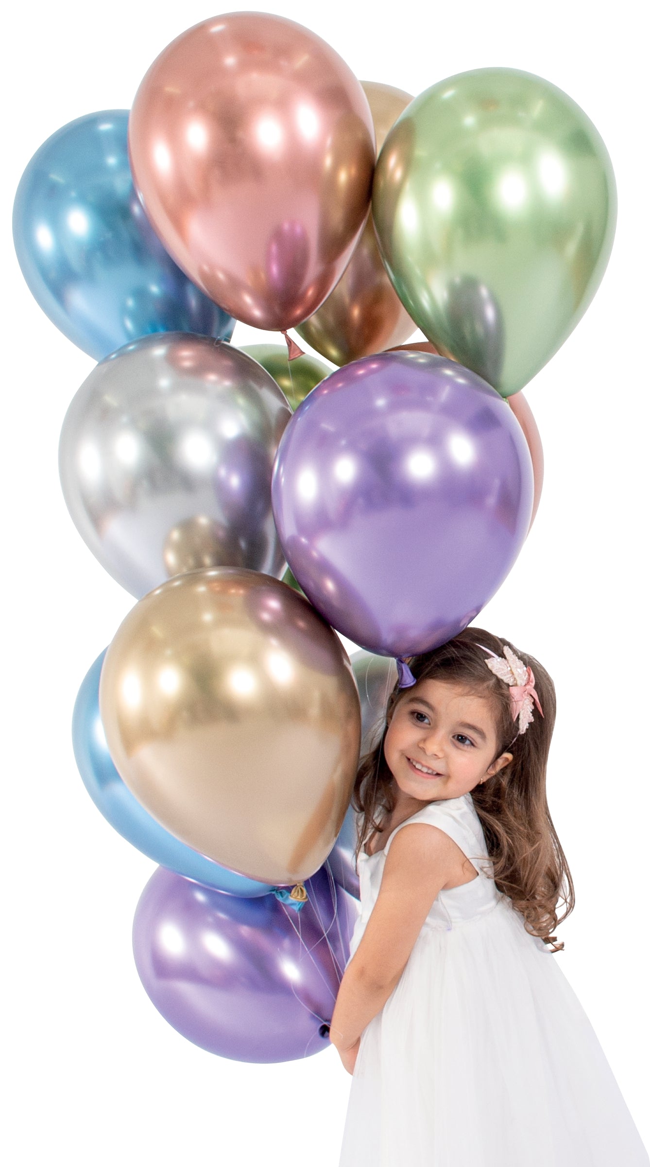 Assorted solid chrome latex balloons in metallic pink, green, blue, silver, purple, and gold, held by a smiling young girl.