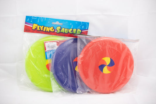 Set of colorful 8-inch plastic flying saucers in green, purple, and red with swirl design on red saucer, packaged in clear.