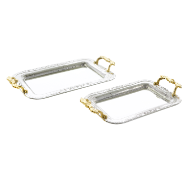 Two rectangular silver metal serving trays with ornate gold handles and raised edges.
