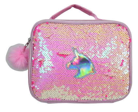 Pink iridescent sequin rectangular lunch bag with holographic unicorn patch and fluffy pom-pom zipper pull.