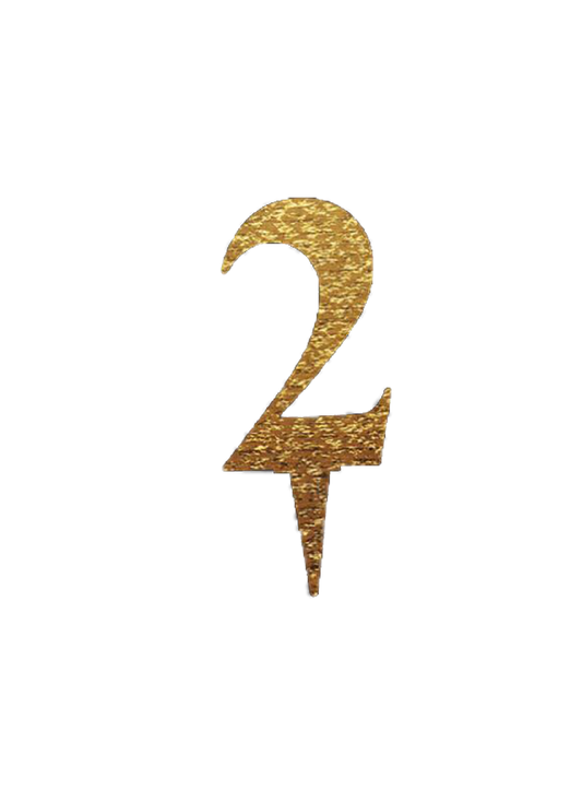 Gold mirror acrylic number 2 cake topper with pointed stake for insertion.